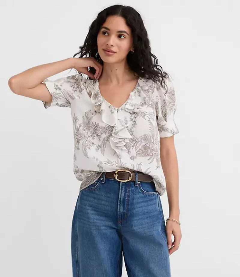 Petite Floral Toile Pintucked Ruffle Blouse