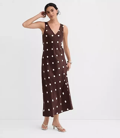 Dotted Satin V-Neck Bias Maxi Dress