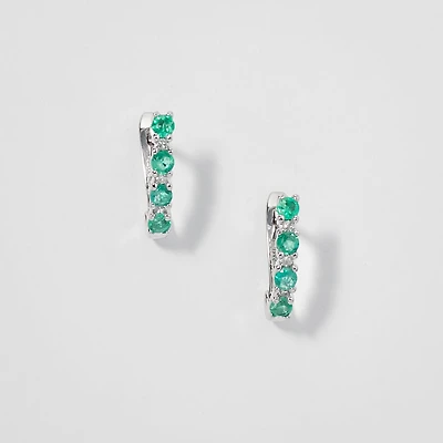 Emerald and Diamond Claw-Set J-Hoop Earrings in 10/14K White Gold