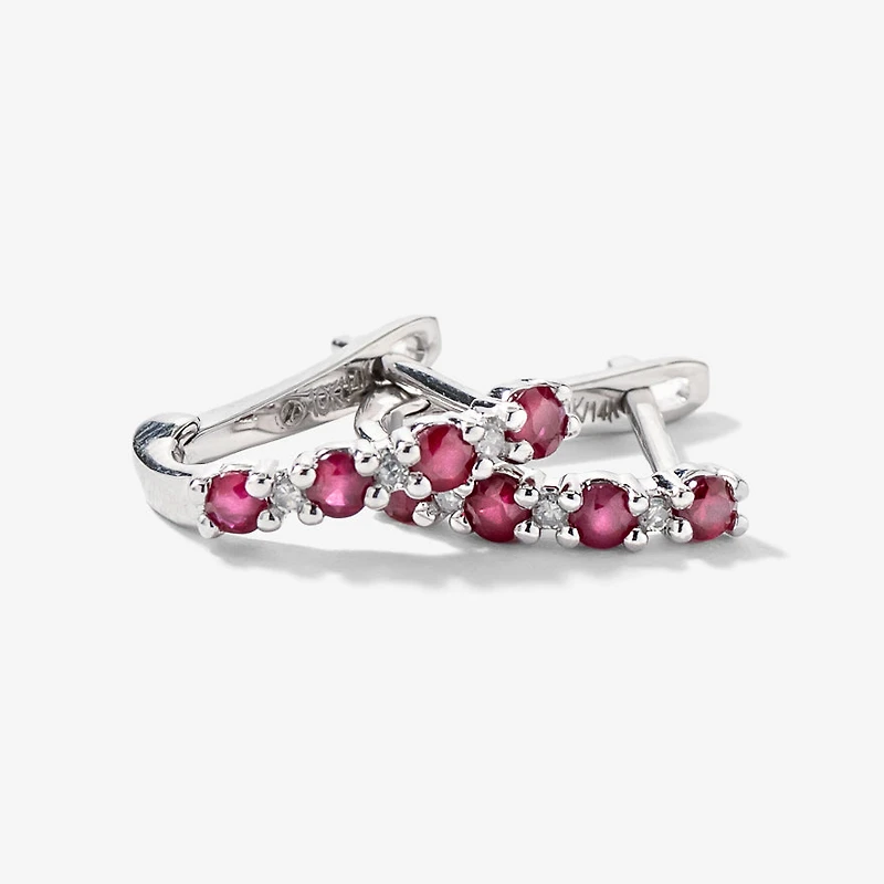 Ruby and Diamond Claw-Set J-Hoop Earrings in 10/14K White Gold
