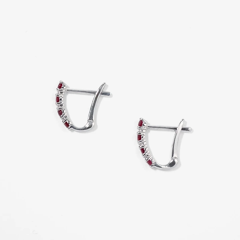 Ruby and Diamond Claw-Set J-Hoop Earrings in 10/14K White Gold