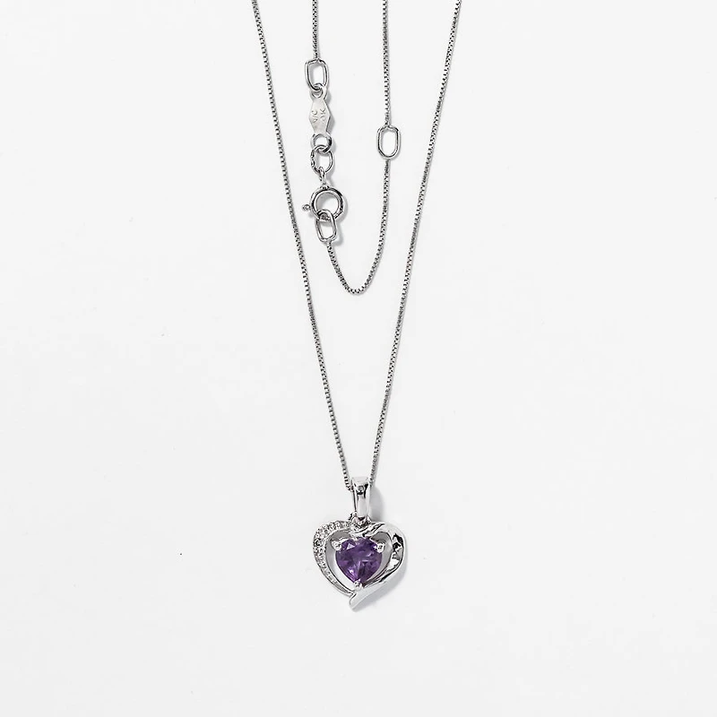 Heart Shaped Amethyst and Diamond Pendant Crafted In 10K White Gold