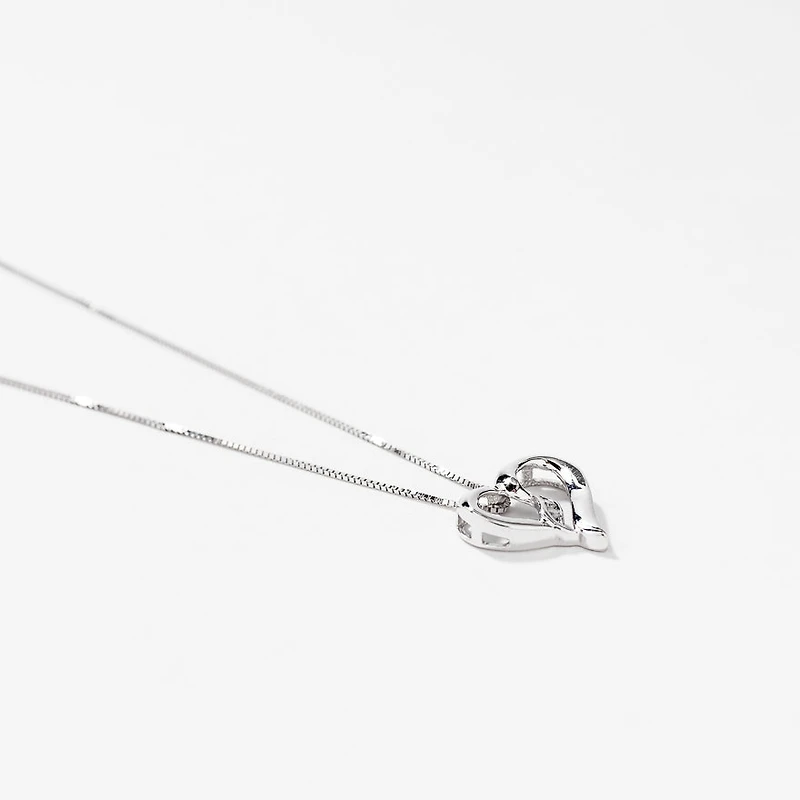 Diamond Heart Ribbon Necklace in 10K White Gold (0.015ct tw)