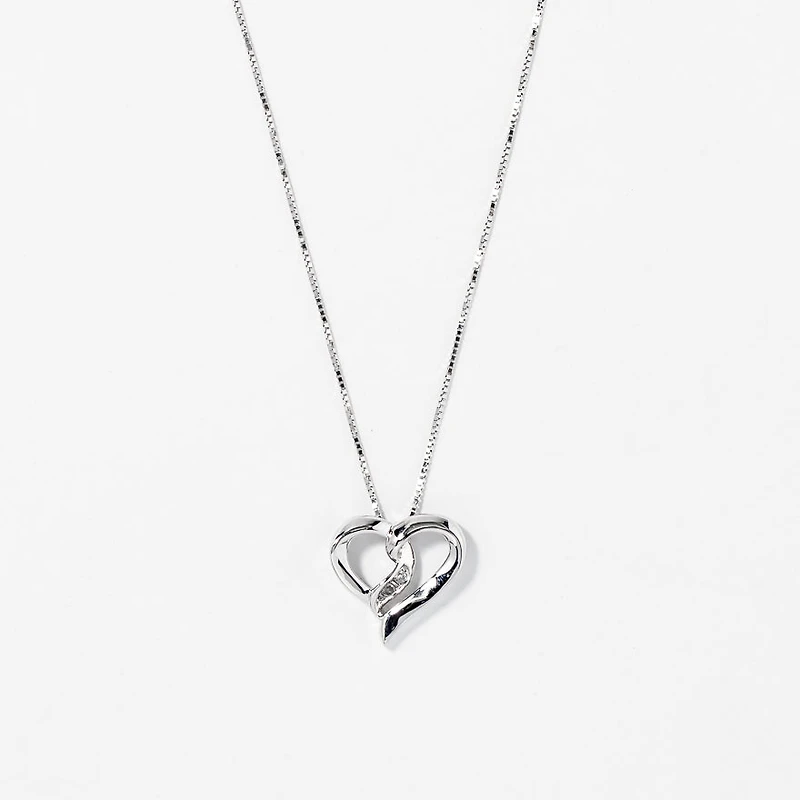 Diamond Heart Ribbon Necklace in 10K White Gold (0.015ct tw)