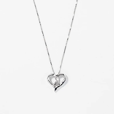 Diamond Heart Ribbon Necklace in 10K White Gold (0.015ct tw)