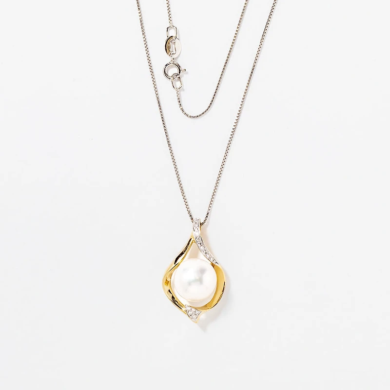 Cultured Pearl Diamond Pendant Necklace in 10K Yellow Gold
