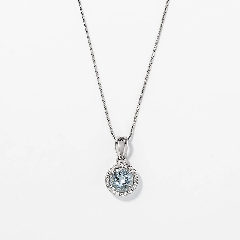Round Aquamarine and Halo Diamond Pendant Necklace in 10K White Gold