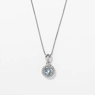 Round Aquamarine and Halo Diamond Pendant Necklace in 10K White Gold