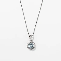 Round Aquamarine and Halo Diamond Pendant Necklace in 10K White Gold
