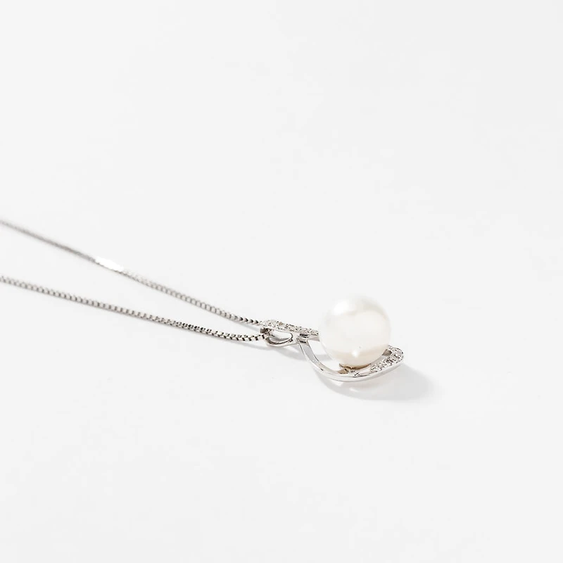 Cultured Pearl Eternity Style Diamond Pendant Necklace in 10K White Go