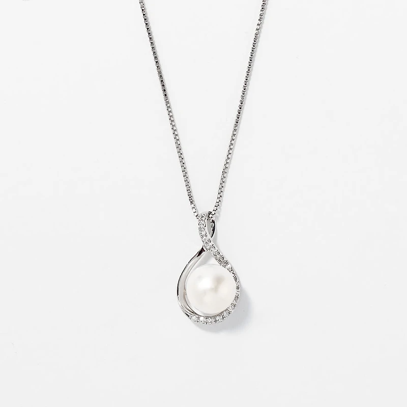 Cultured Pearl Eternity Style Diamond Pendant Necklace in 10K White Go