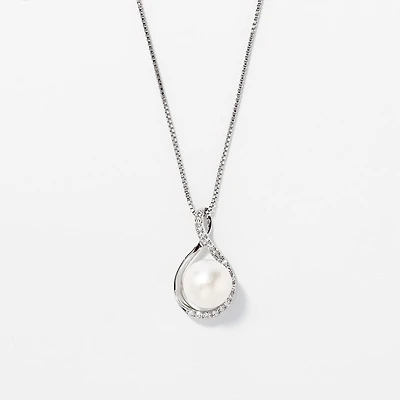 Cultured Pearl Eternity Style Diamond Pendant Necklace in 10K White Go