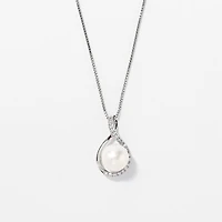 Cultured Pearl Eternity Style Diamond Pendant Necklace in 10K White Go