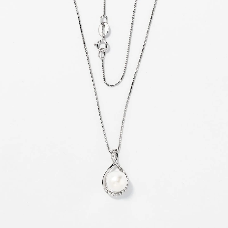 Cultured Pearl Eternity Style Diamond Pendant Necklace in 10K White Go