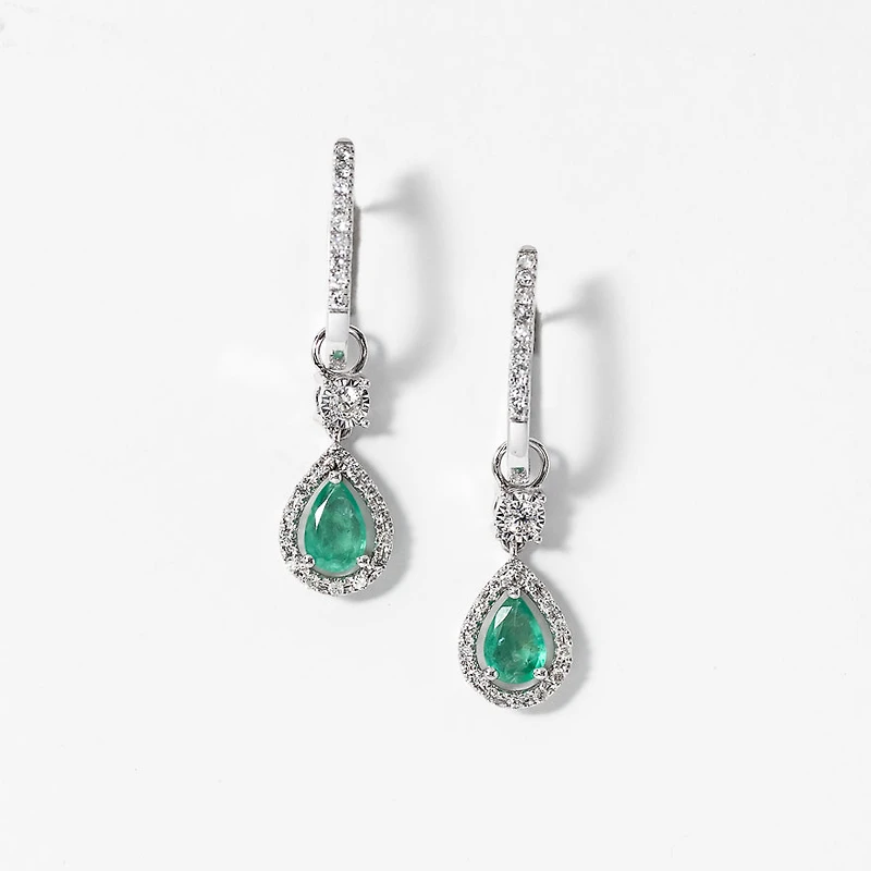 Emerald Earrings With Removable Pear Drop in 10K White Gold