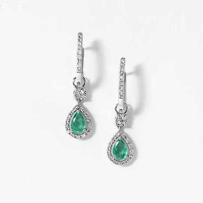 Emerald Earrings With Removable Pear Drop in 10K White Gold