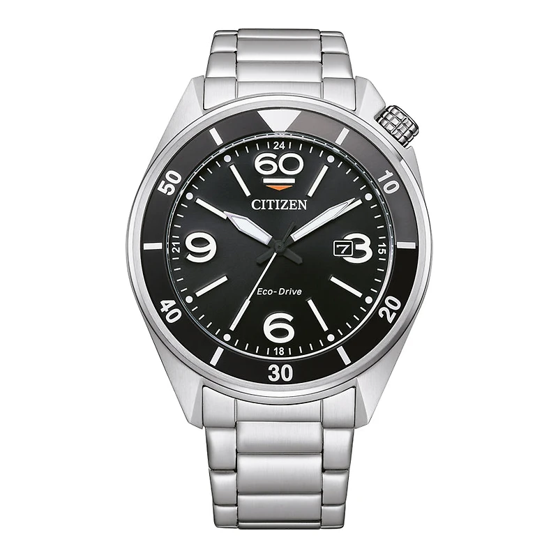 Citizen Eco-Drive Sport Black Dial Stainless Steel Bracelet Watch | AW