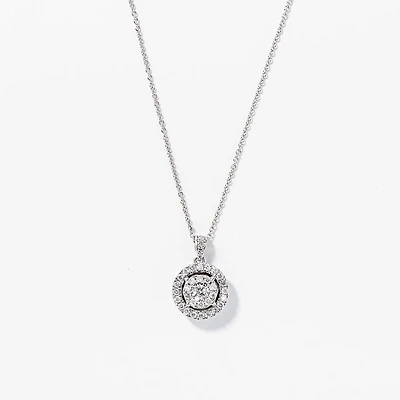 Double Halo Diamond Necklace in 10K White Gold with Chain (0.38ct tw)