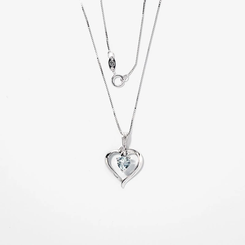 Heart Shaped Aquamarine Diamond Necklace in 10K White Gold