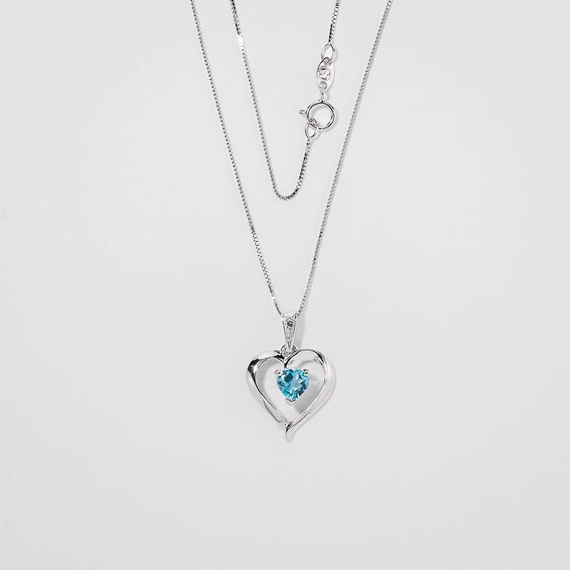 Heart Shaped Blue Topaz Diamond Necklace in 10K White Gold