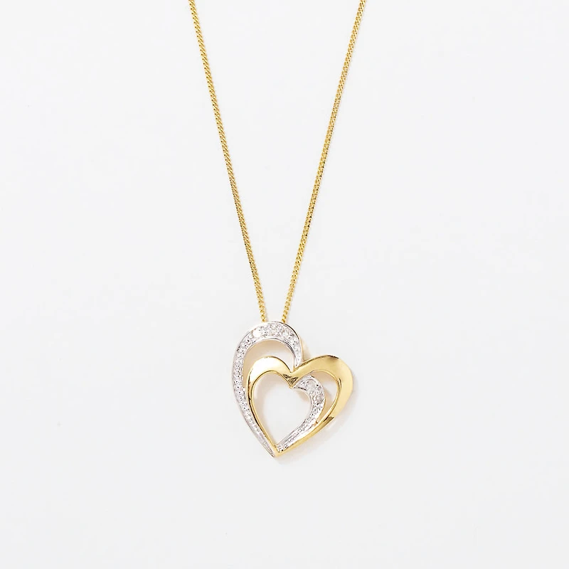 Double Heart Diamond Pavé Necklace in 10K Yellow Gold (0.03ct tw)