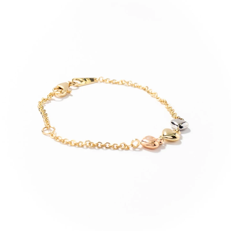 Puff Heart Bracelet in 10K Yellow White and Rose Gold