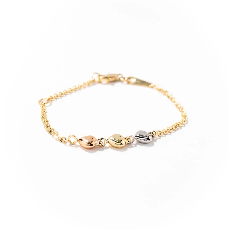 Puff Heart Bracelet in 10K Yellow White and Rose Gold