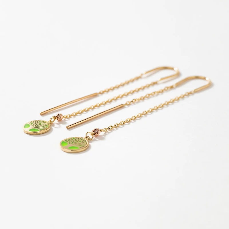 Tree of Life Long Drop Earrings in 10K Yellow Gold