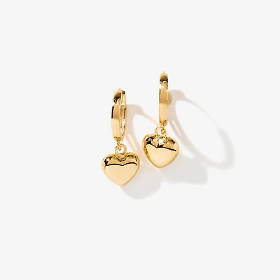 Dangle Heart Hoop Earrings in 10K Yellow Gold
