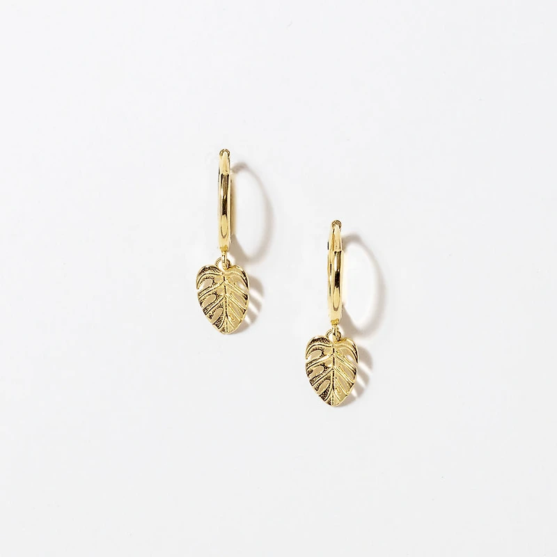 Leaf Hoop Earrings in 10K Yellow Gold