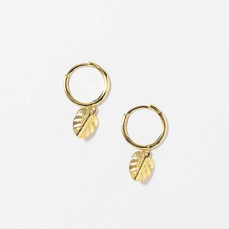 Leaf Hoop Earrings in 10K Yellow Gold