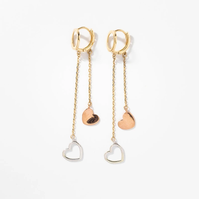 Heart Drop Earrings in 10K Yellow White and Rose Gold