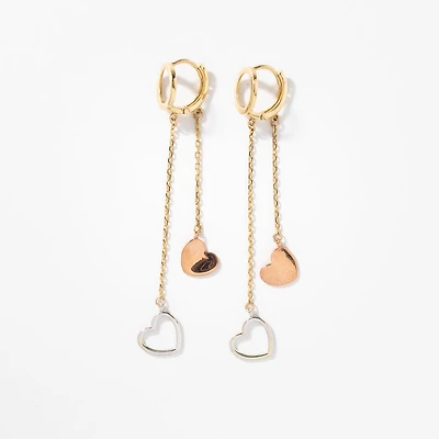 Heart Drop Earrings in 10K Yellow White and Rose Gold