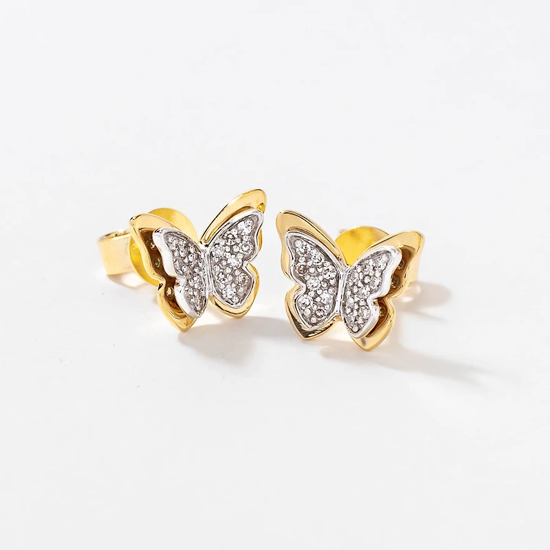Diamond Butterfly Earrings in 10K Yellow and White Gold (0.13 ct tw)