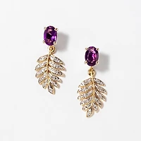 Amethyst Earrings Diamond Leaf in 10K Yellow Gold