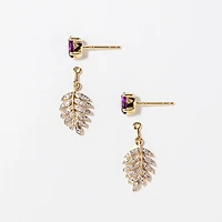 Amethyst Earrings Diamond Leaf in 10K Yellow Gold