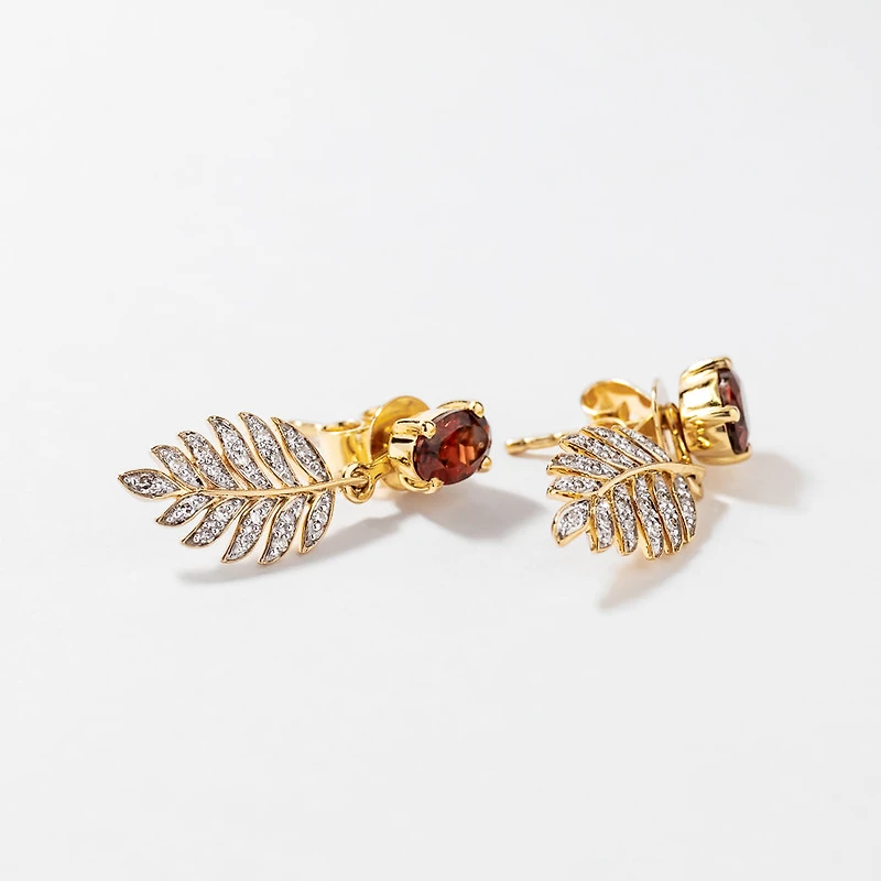 Garnet Earrings with Diamond Leaf in 10K Yellow Gold