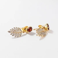 Garnet Earrings with Diamond Leaf in 10K Yellow Gold
