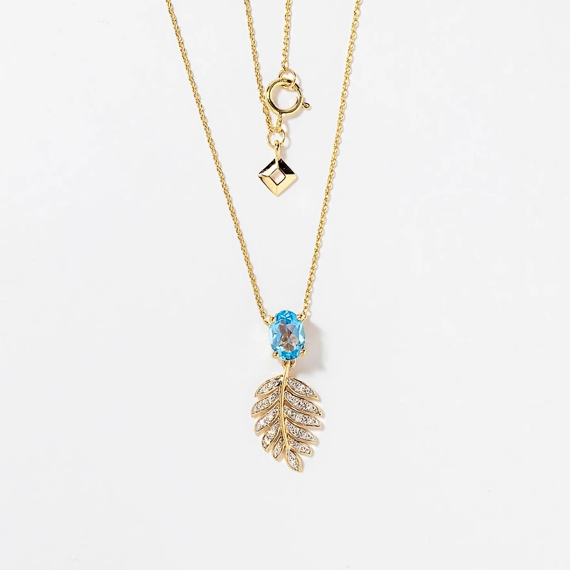 Blue Topaz Necklace with Diamond Leaf in 10K Yellow Gold