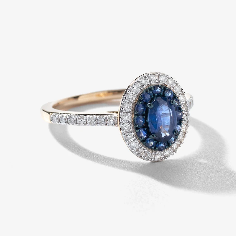 Double Halo Sapphire and Diamond Ring 10K Yellow Gold