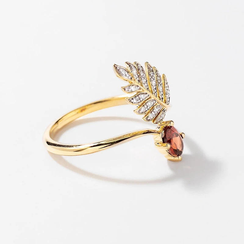 Garnet Ring with Diamond Leaf 10K Yellow Gold