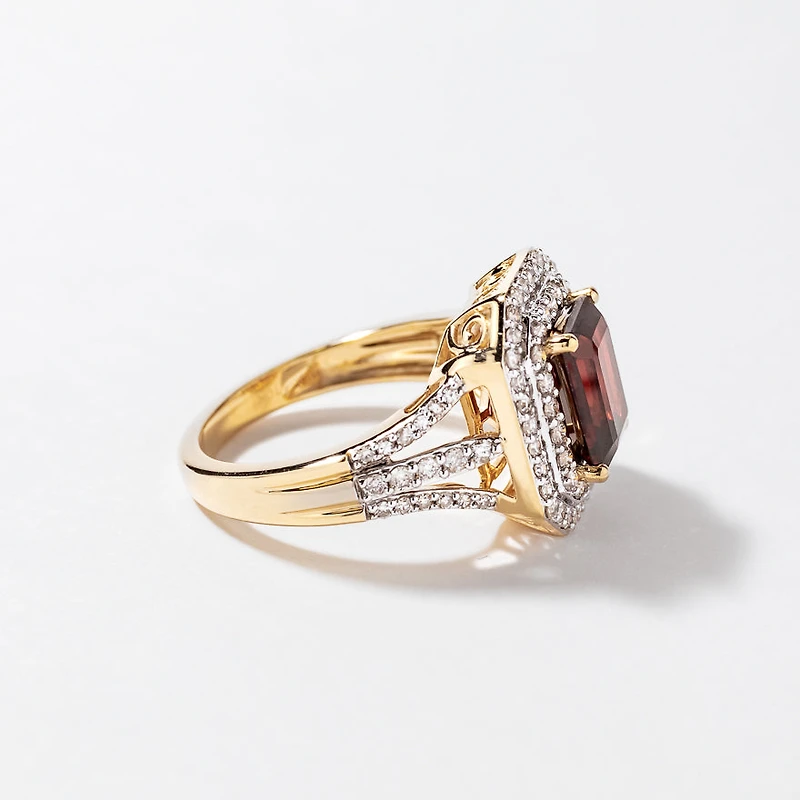 Garnet Ring with Diamond Accents 10K Yellow Gold