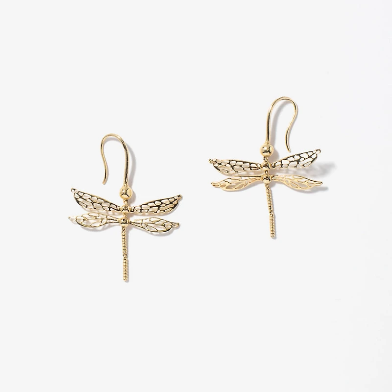 Dragonfly Dangle Earrings in 10K Yellow Gold