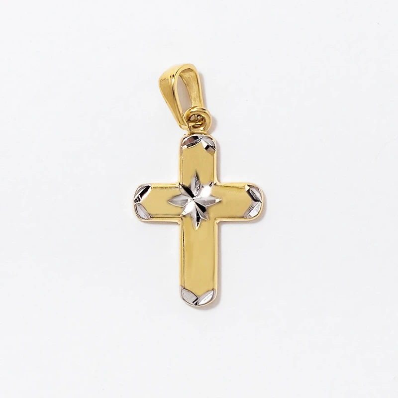 Mini Diamond Cut Cross Pendant in 10K Yellow and White Gold
