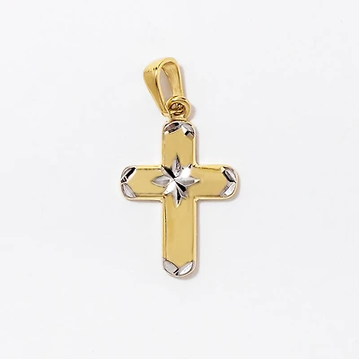 Mini Diamond Cut Cross Pendant in 10K Yellow and White Gold