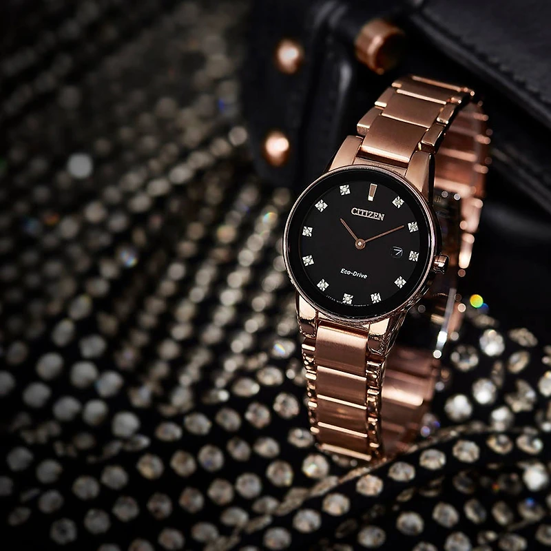Citizen Women's Axiom Eco-Drive Pink Gold-Tone Black Dial Watch | GA10