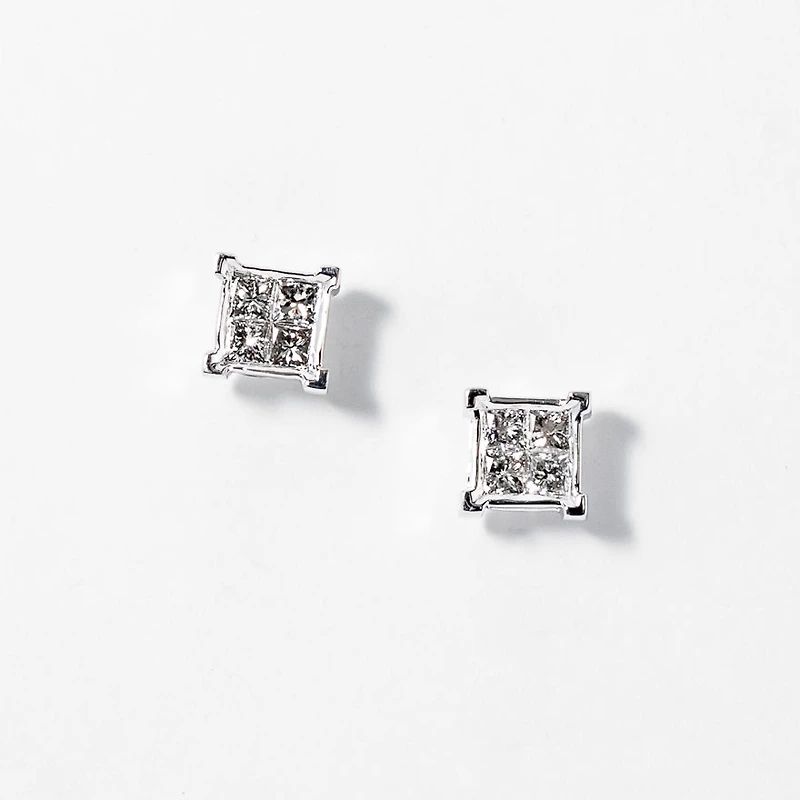 Princess Cut Diamond Cluster Stud Earrings in 14K White Gold (0.50 ct