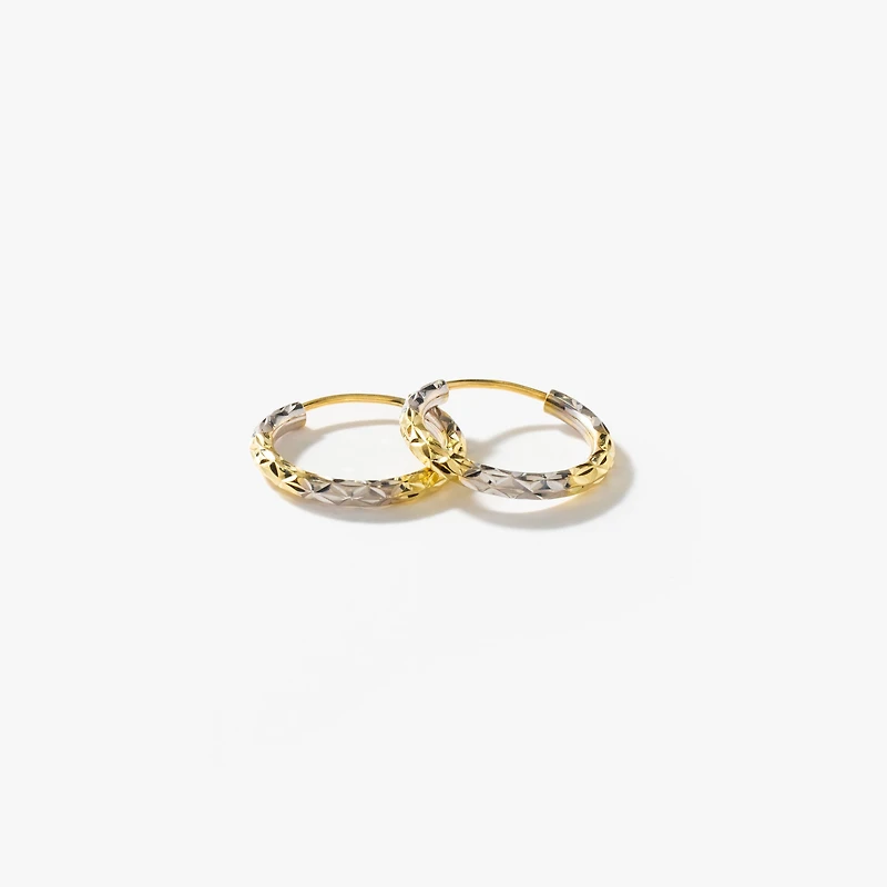 Diamond Cut Hoop Earrings in 10K Yellow and White Gold