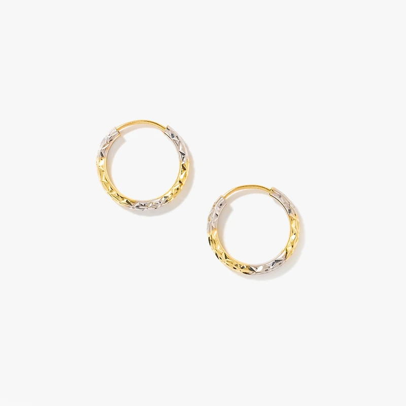 Diamond Cut Hoop Earrings in 10K Yellow and White Gold