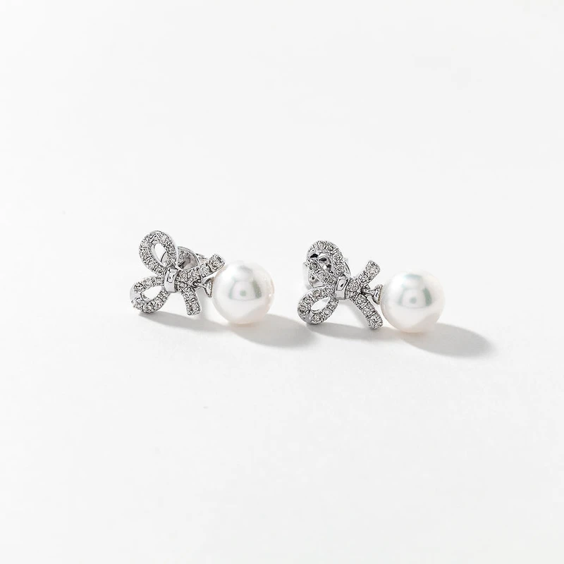 Pearl Earrings with Diamond Accents in 10K White Gold